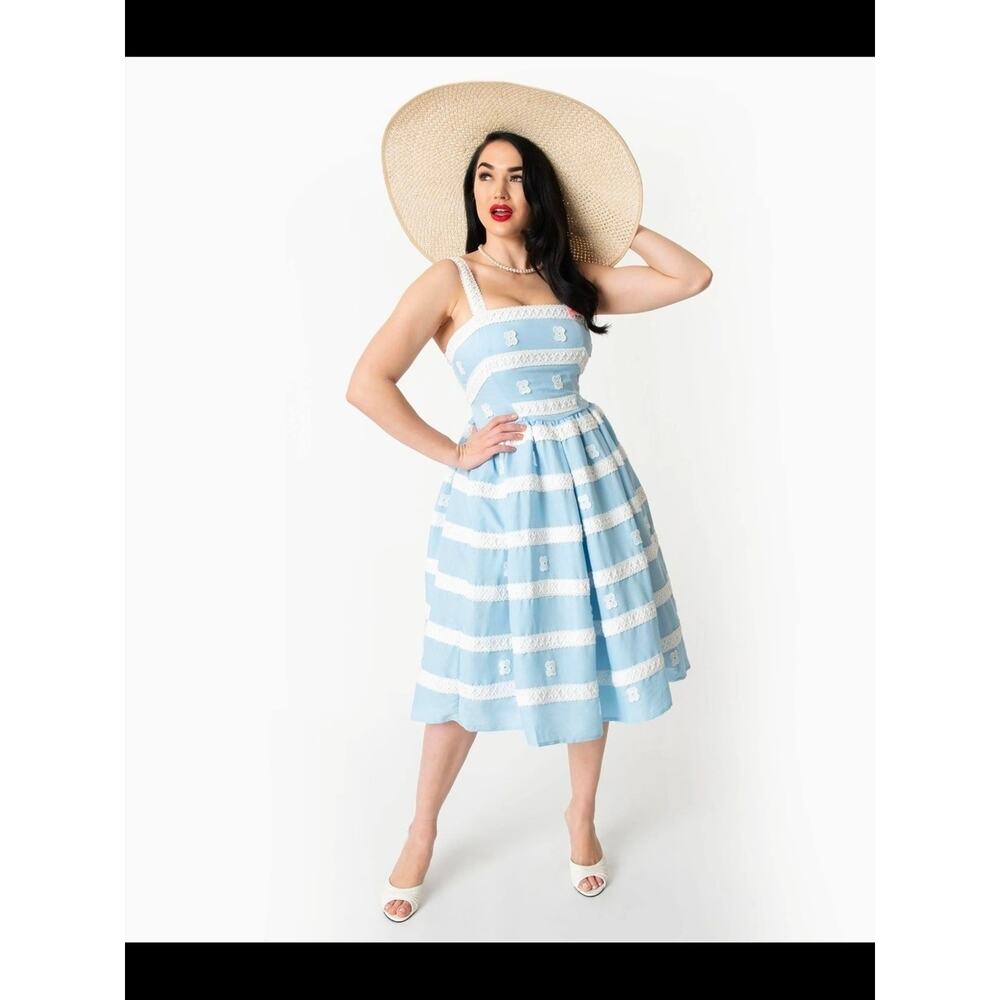 Barbie™ x Unique Vintage Blue & White Suburban Shopper Sundress Small 4 NWT - Picture 2 of 11